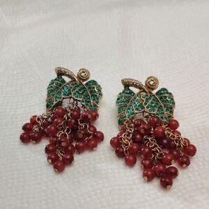 Cute Red Grapes With Green Leaf Dangle Earrings